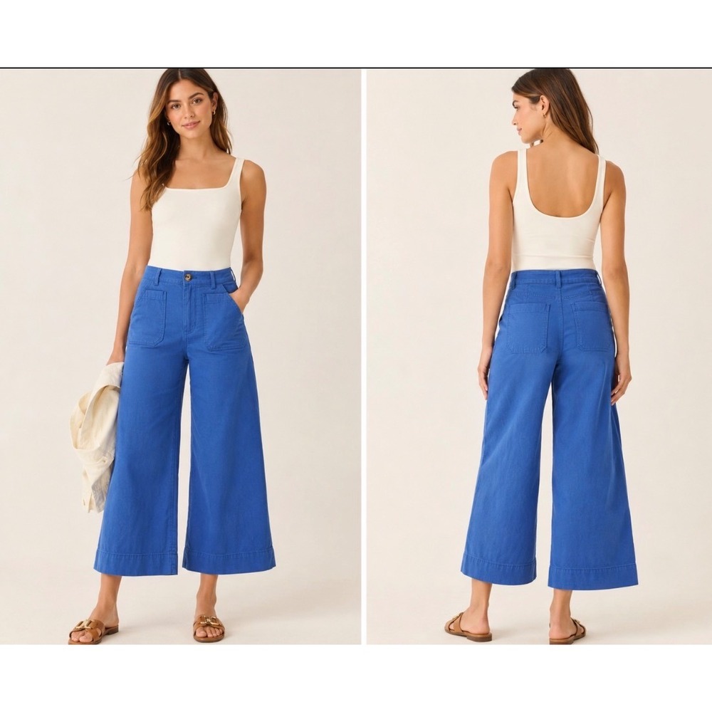 Anthropologie Maeve Colette Wide Leg Crop Pants Blue Patch Pocket High Rise 31